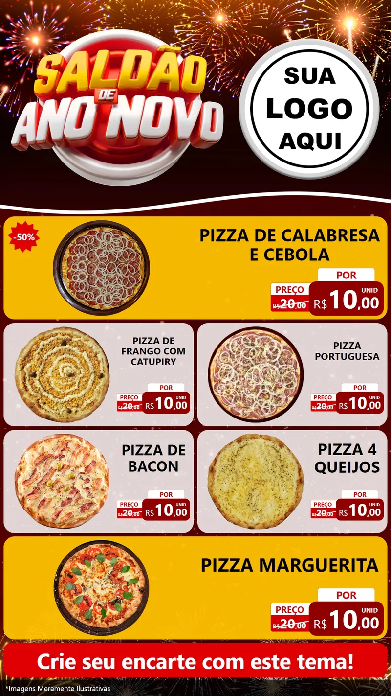 Modelo de TV para TV Vertical com o tema Saldão de Ano Novo para Pizzaria