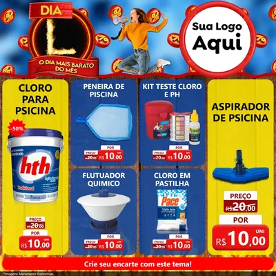 Modelo de Rede Social para Feed Facebook com o tema Dia L - O Dia Mais Barato Do Mês para Produtos para Piscina