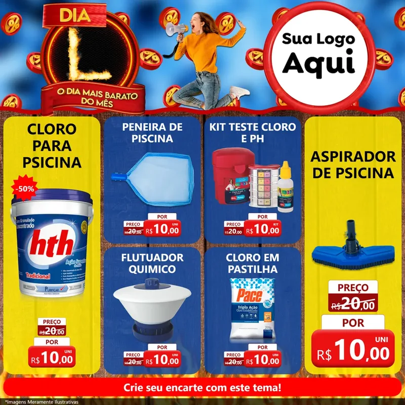 Modelo de Rede Social para Feed Facebook com o tema Dia L - O Dia Mais Barato Do Mês para Produtos para Piscina
