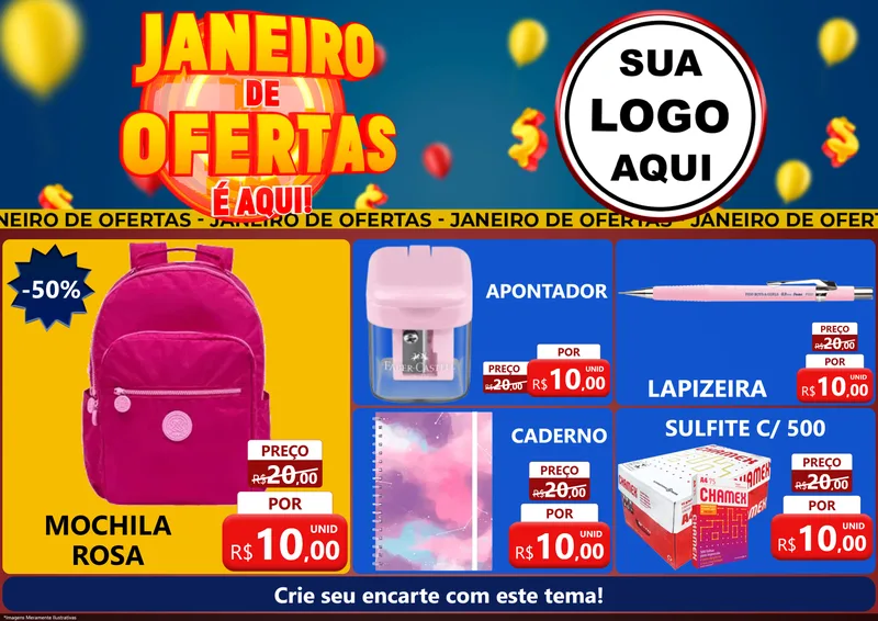 Modelo de Encarte para Encarte A4 Horizontal com o tema Janeiro de Ofertas É Aqui! para Papelaria
