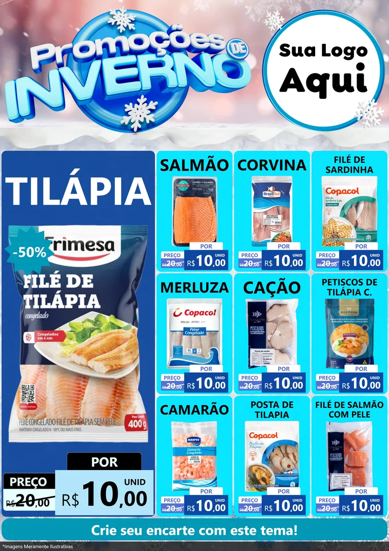 Modelo de Encarte para Encarte A4 Vertical com o tema Promoções de Inverno para Peixaria