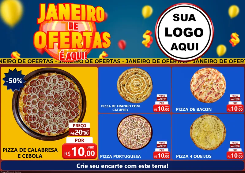 Modelo de Encarte para Encarte A4 Horizontal com o tema Janeiro de Ofertas É Aqui! para Pizzaria