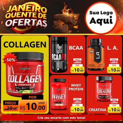 Modelo de Rede Social para Feed Facebook com o tema Janeiro Quente de Ofertas para Suplementos alimentares