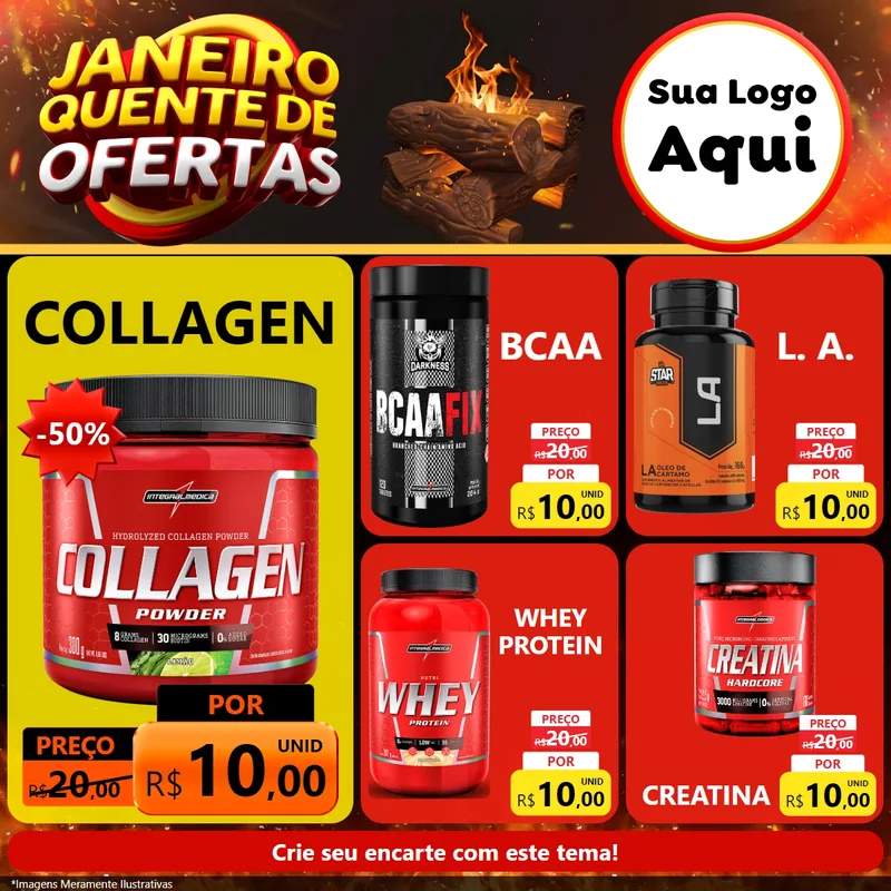 Modelo de Rede Social para Feed Facebook com o tema Janeiro Quente de Ofertas para Suplementos alimentares