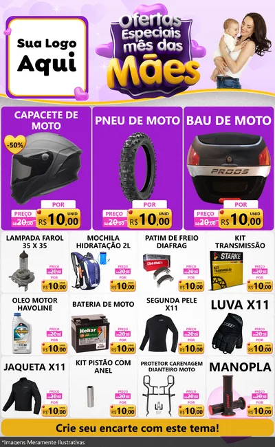 Modelo de Encarte para Encarte Grande com o tema Ofertas Especiais - Mês das Mães para Moto peças