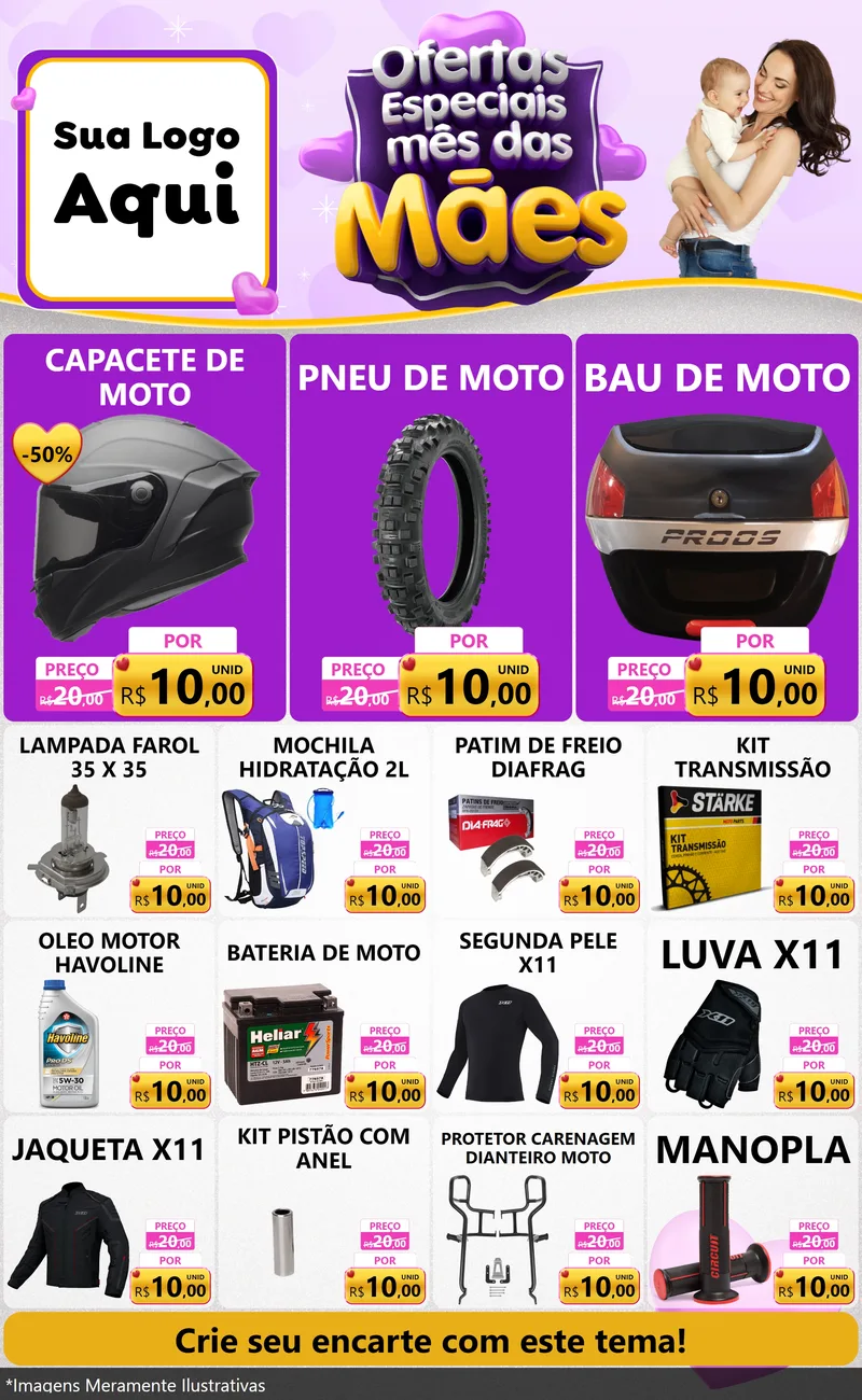 Modelo de Encarte para Encarte Grande com o tema Ofertas Especiais - Mês das Mães para Moto peças