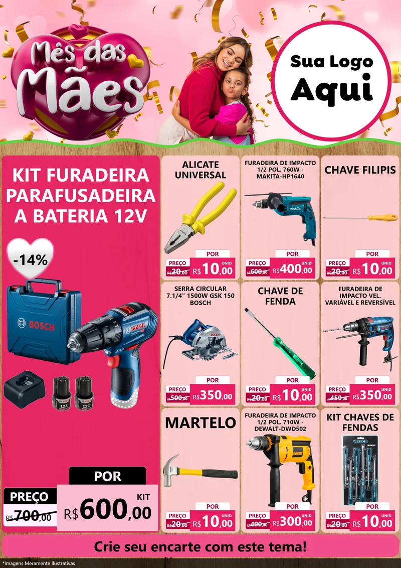 Modelo de Encarte para Encarte A4 Vertical com o tema Mês das Mães para Maquinas e Ferramentas