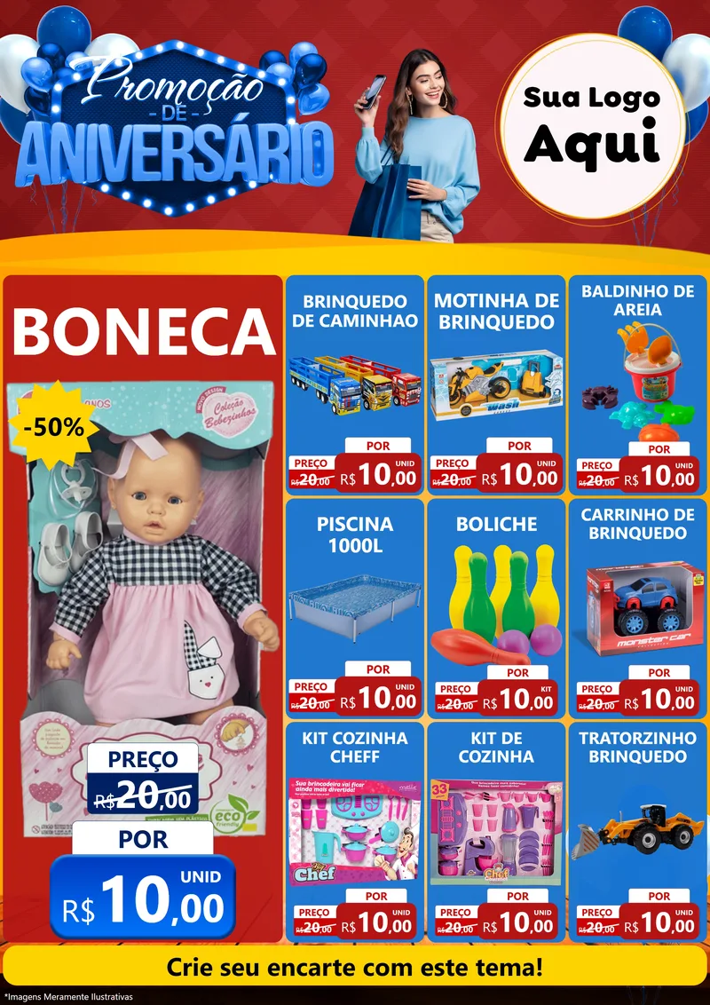 Modelo de Encarte para Encarte A4 Vertical com o tema Promoção de Aniversário para Brinquedos