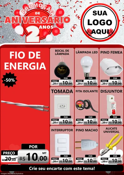 Modelo de Encarte para Encarte A4 Vertical com o tema Promoção de Aniversário - 2 Anos para Materiais Elétricos