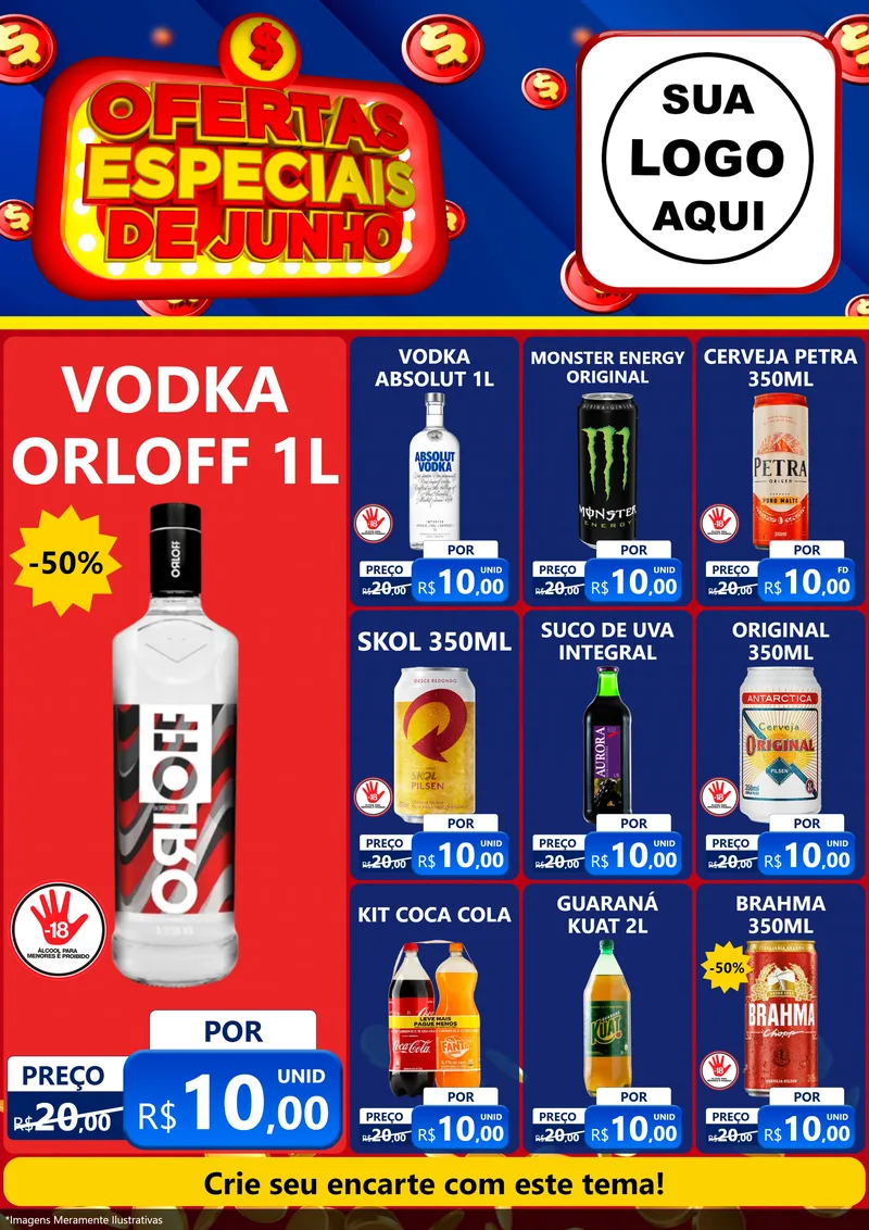 Modelo de Encarte para Encarte A4 Vertical com o tema Ofertas Especiais de Junho para Distribuidora de bebidas