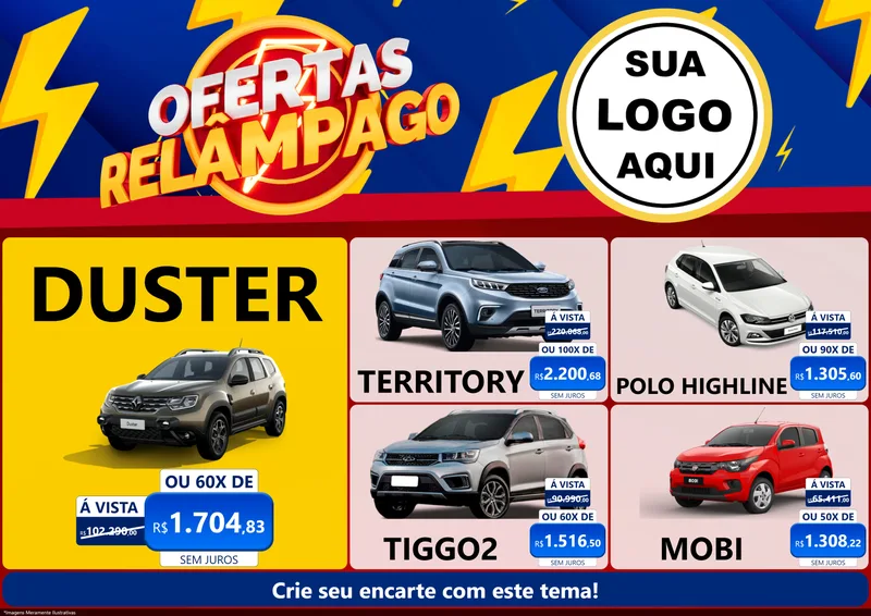 Modelo de Encarte para Encarte A4 Horizontal com o tema Ofertas Relâmpago para Concessionaria de Carros