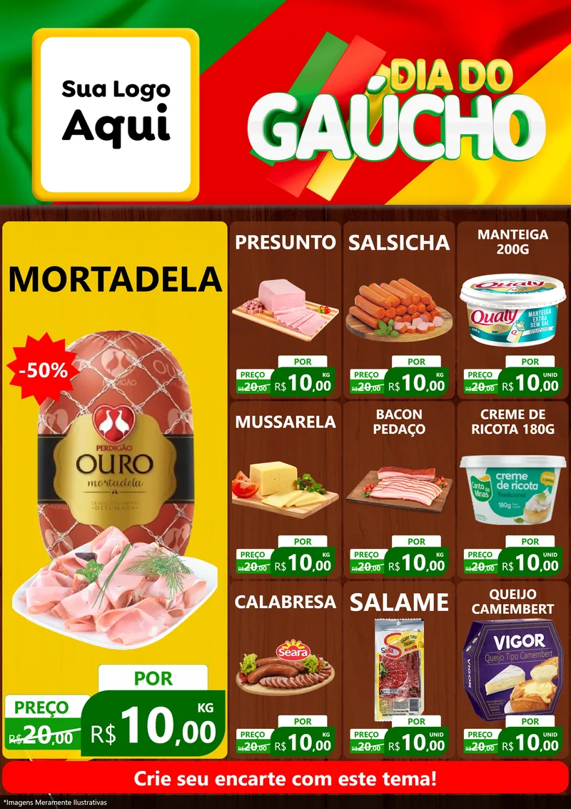 Modelo de Encarte para Encarte A4 Vertical com o tema Dia do Gaúcho para Frios e Laticínios