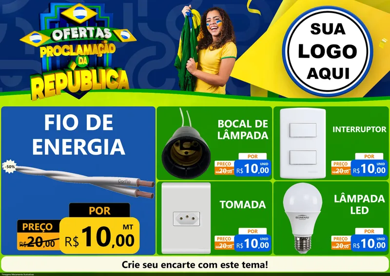 Modelo de Encarte para Encarte A4 Horizontal com o tema Ofertas Proclamação da República para Materiais Elétricos