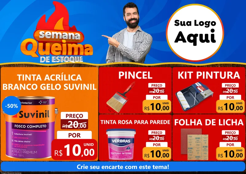 Modelo de Encarte para Encarte A4 Horizontal com o tema Semana Queima de Estoque para Tintas e Ferramentas