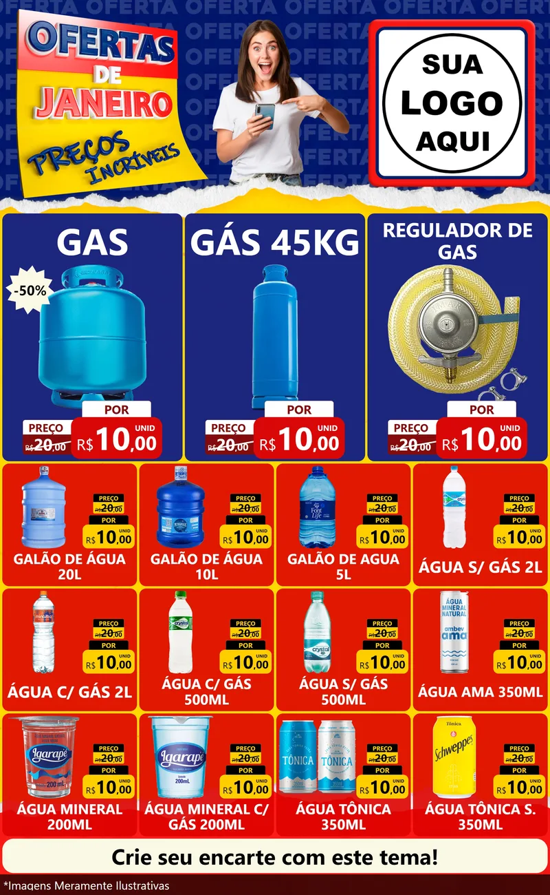 Modelo de Encarte para Encarte Grande com o tema Ofertas de Janeiro - Preços Incríveis para Água e gás