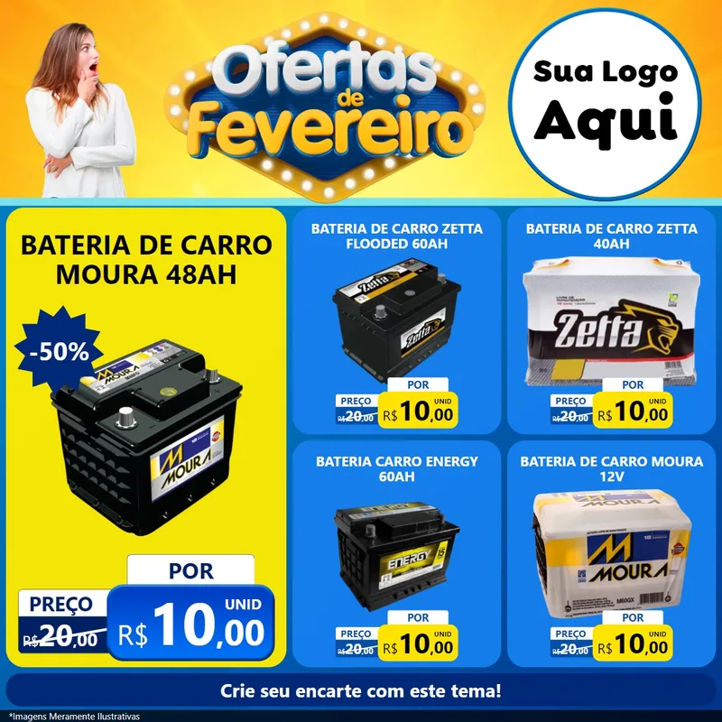 Modelo de Rede Social para Feed Facebook com o tema Ofertas de Fevereiro para Baterias Elétricas