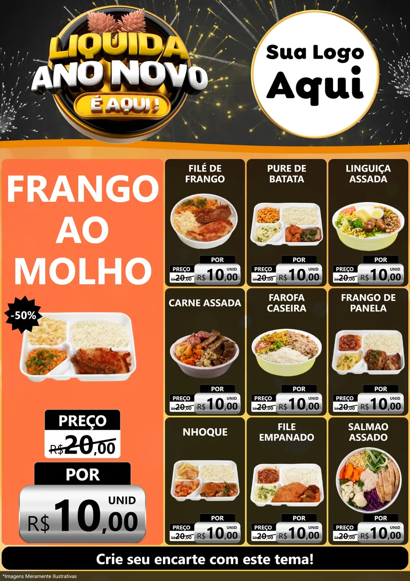 Modelo de Encarte para Encarte A4 Vertical com o tema Liquida Ano Novo É Aqui! para Restaurante