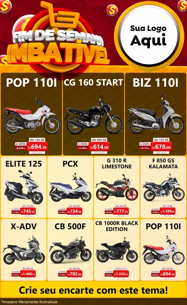 Modelo de Encarte para Encarte Grande com o tema Fim de Semana Imbatível para Concessionaria de Motos
