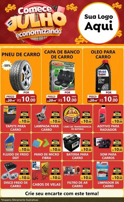 Modelo de Encarte para Encarte Grande com o tema Comece Julho Economizando para Auto peças