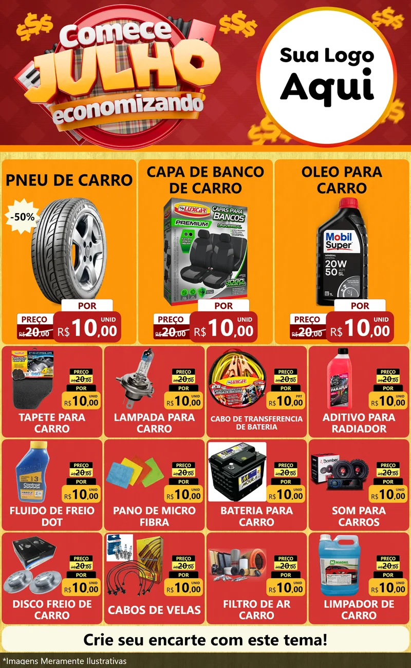 Modelo de Encarte para Encarte Grande com o tema Comece Julho Economizando para Auto peças