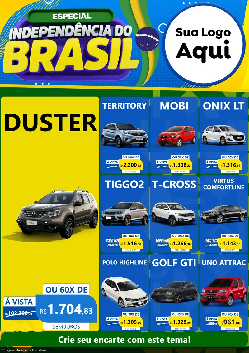Modelo de Encarte para Encarte A4 Vertical com o tema Especial Independência do Brasil para Concessionaria de Carros