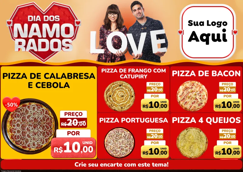 Modelo de Encarte para Encarte A4 Horizontal com o tema Dia dos Namorados para Pizzaria