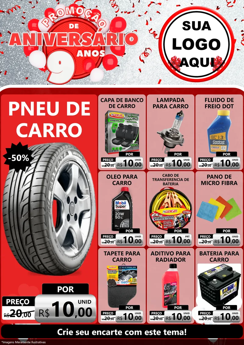 Modelo de Encarte para Encarte A4 Vertical com o tema Promoção de Aniversário - 9 Anos para Auto peças