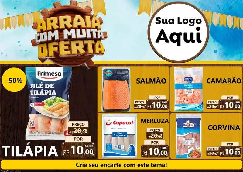 Modelo de Encarte para Encarte A4 Horizontal com o tema Ofertas de São João - Junina para Peixaria