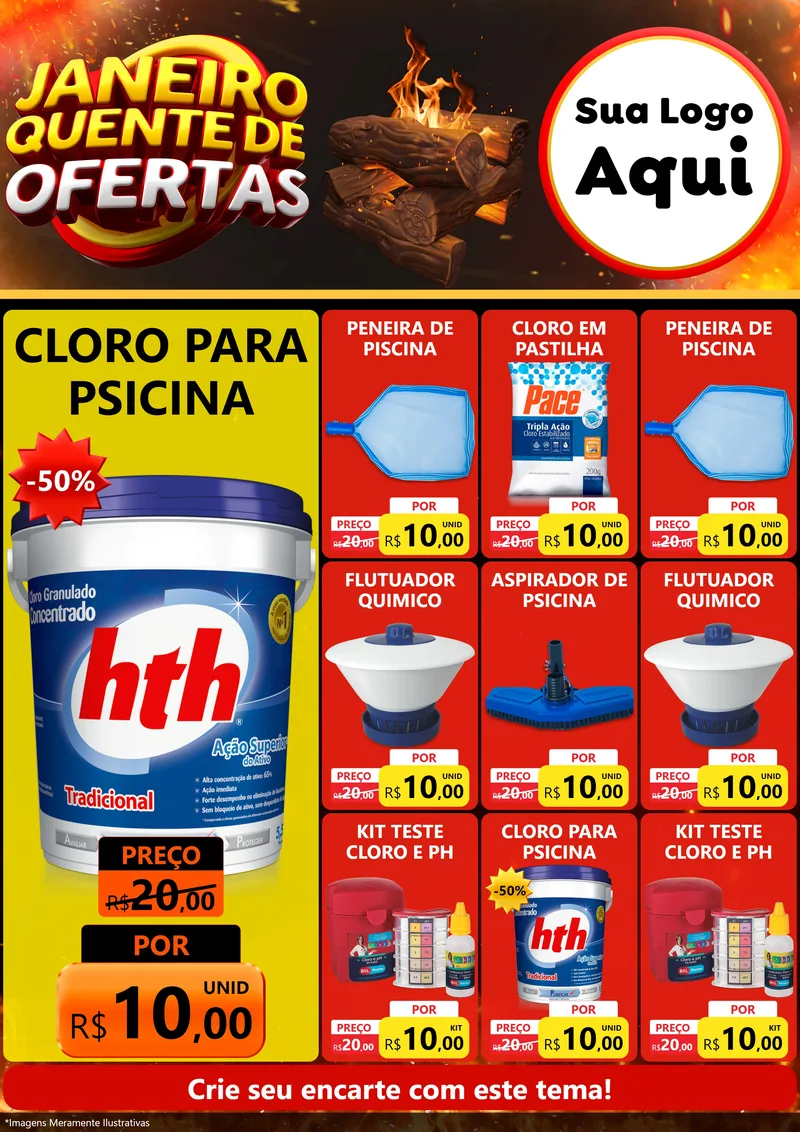 Modelo de Encarte para Encarte A4 Vertical com o tema Janeiro Quente de Ofertas para Produtos para Piscina