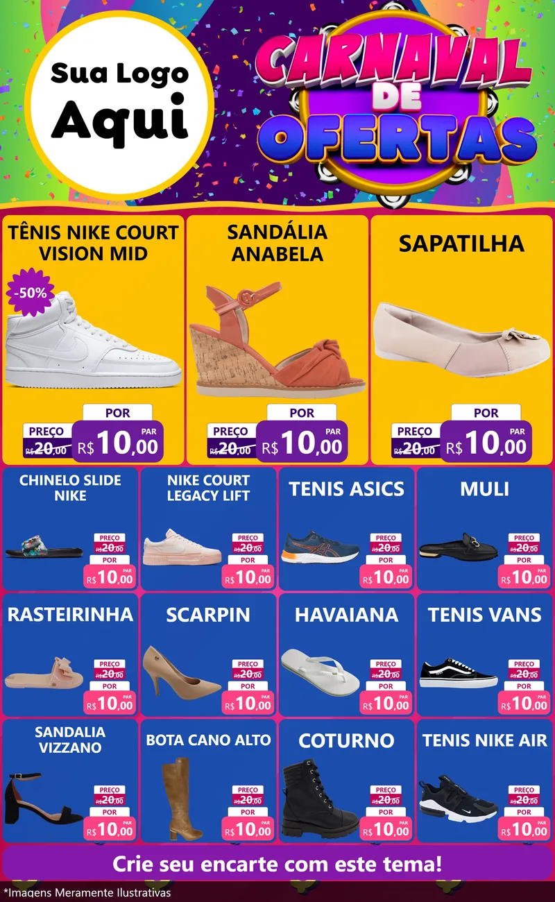 Modelo de Encarte para Encarte Grande com o tema Carnaval de Ofertas para Calçados