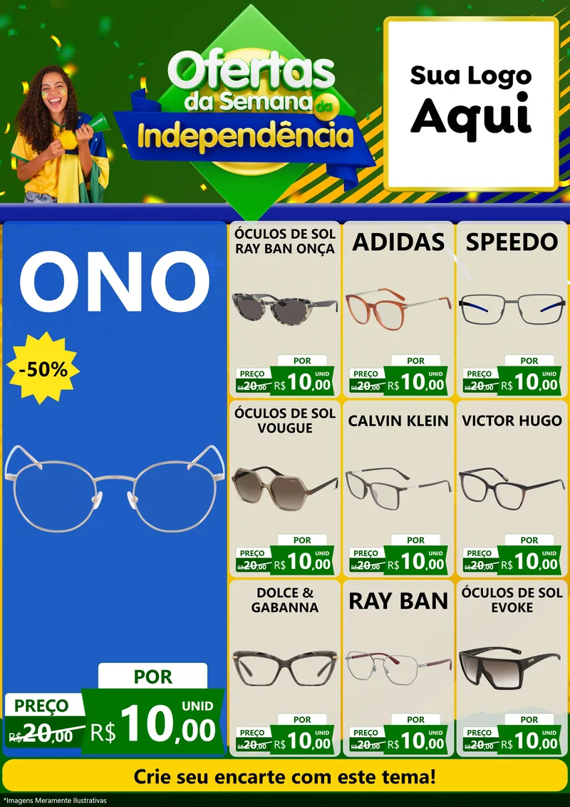Modelo de Encarte para Encarte A4 Vertical com o tema Ofertas da Semana da Independência para Óticas