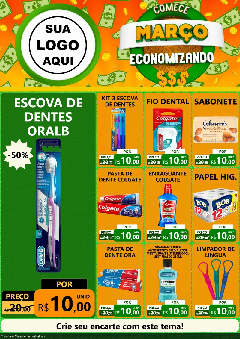 Modelo de Encarte para Encarte A4 Vertical com o tema Comece Março Economizando para Higiene Pessoal