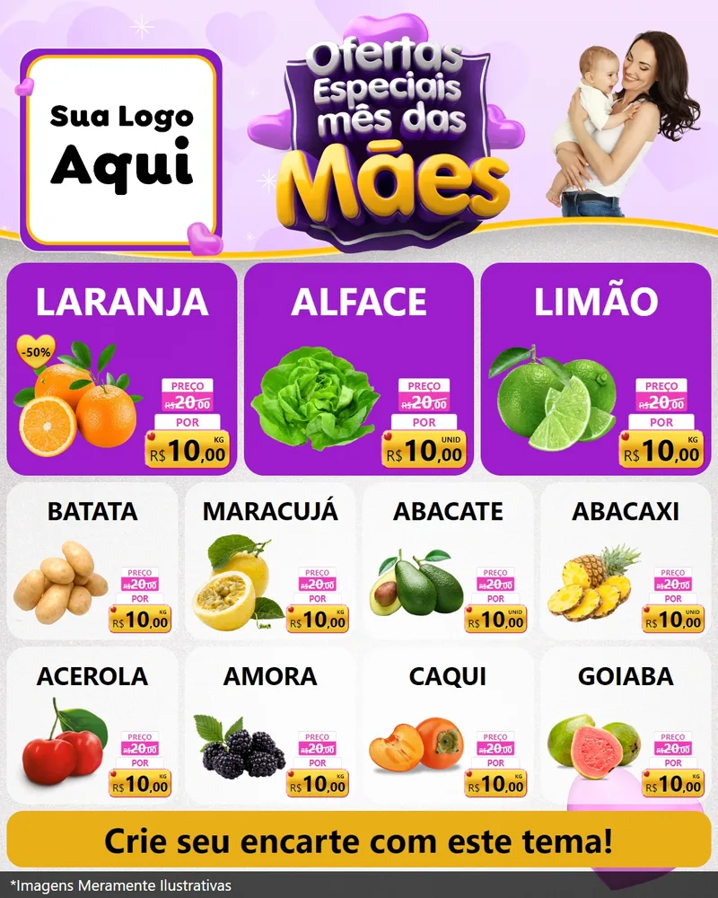 Modelo de Rede Social para Feed Instagram com o tema Ofertas Especiais - Mês das Mães para Hortifrúti