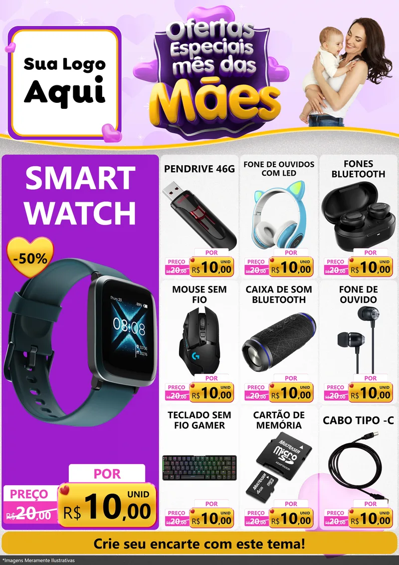 Modelo de Encarte para Encarte A4 Vertical com o tema Ofertas Especiais - Mês das Mães para Informática