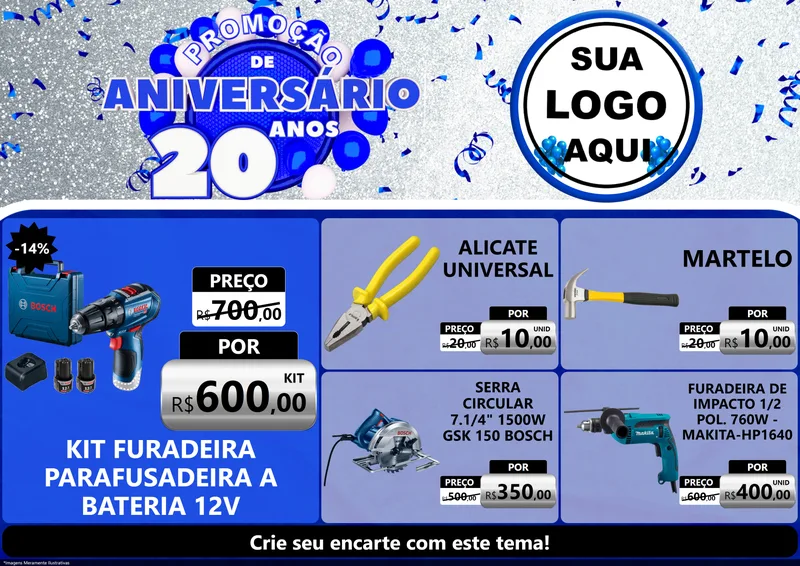 Modelo de Encarte para Encarte A4 Horizontal com o tema Promoção de Aniversário - 20 Anos para Maquinas e Ferramentas
