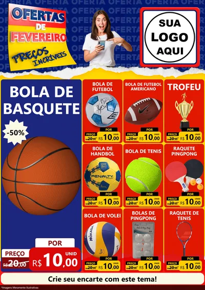 Modelo de Encarte para Encarte A4 Vertical com o tema Ofertas de Fevereiro - Preços Incríveis para Artigos Esportivos