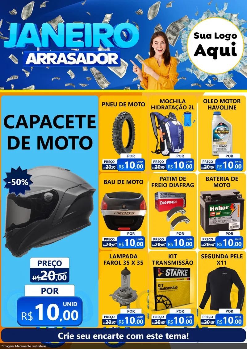 Modelo de Encarte para Encarte A4 Vertical com o tema Janeiro Arrasador para Moto peças