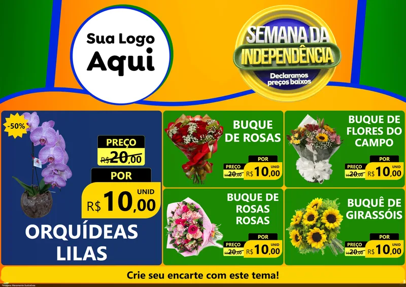 Modelo de Encarte para Encarte A4 Horizontal com o tema Semana da Independência Declaramos Preços Baixos para Floricultura e jardim