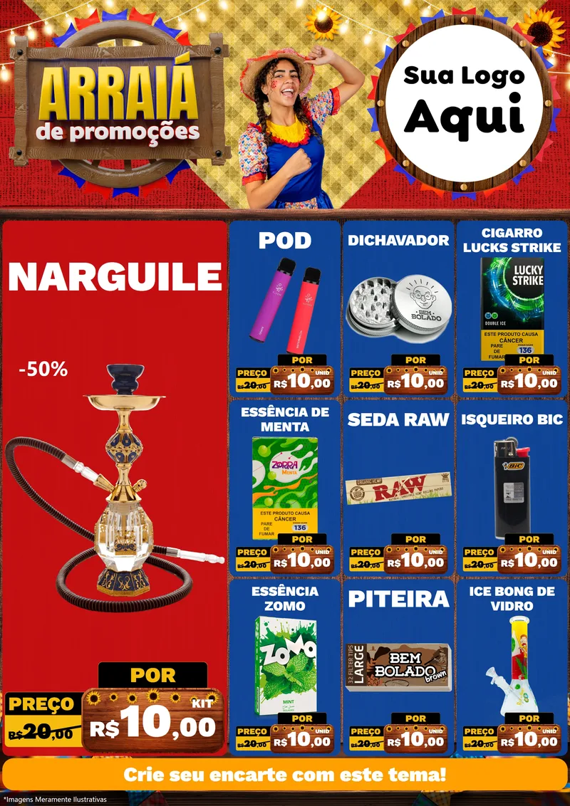Modelo de Encarte para Encarte A4 Vertical com o tema Arraiá de Promoções para Tabacaria