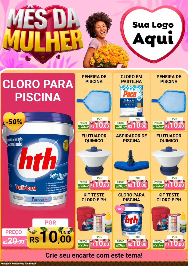 Modelo de Encarte para Encarte A4 Vertical com o tema Mês da Mulher para Produtos para Piscina