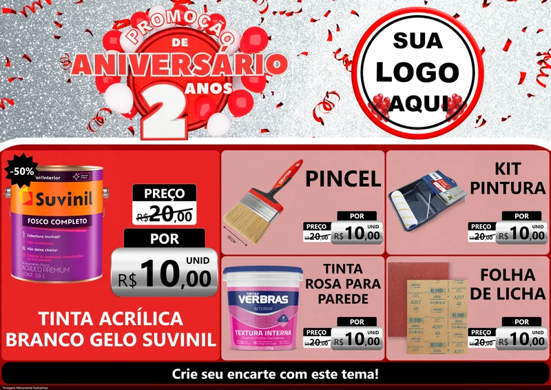 Modelo de Encarte para Encarte A4 Horizontal com o tema Promoção de Aniversário - 2 Anos para Tintas e Ferramentas