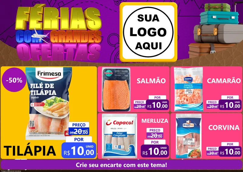 Modelo de Encarte para Encarte A4 Horizontal com o tema Férias com Grandes Ofertas para Peixaria