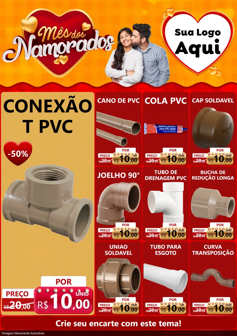 Modelo de Encarte para Encarte A4 Vertical com o tema Mês dos Namorados para Tubos e conexões