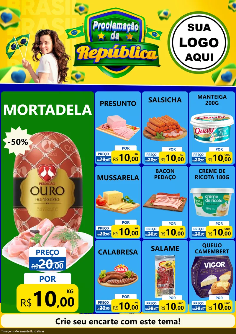 Modelo de Encarte para Encarte A4 Vertical com o tema Proclamação da República para Frios e Laticínios