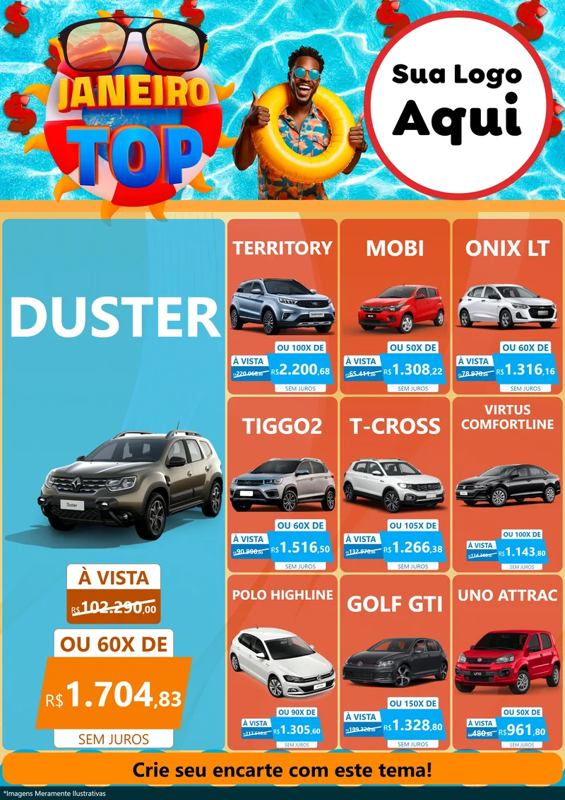 Modelo de Encarte para Encarte A4 Vertical com o tema Janeiro Top para Concessionaria de Carros