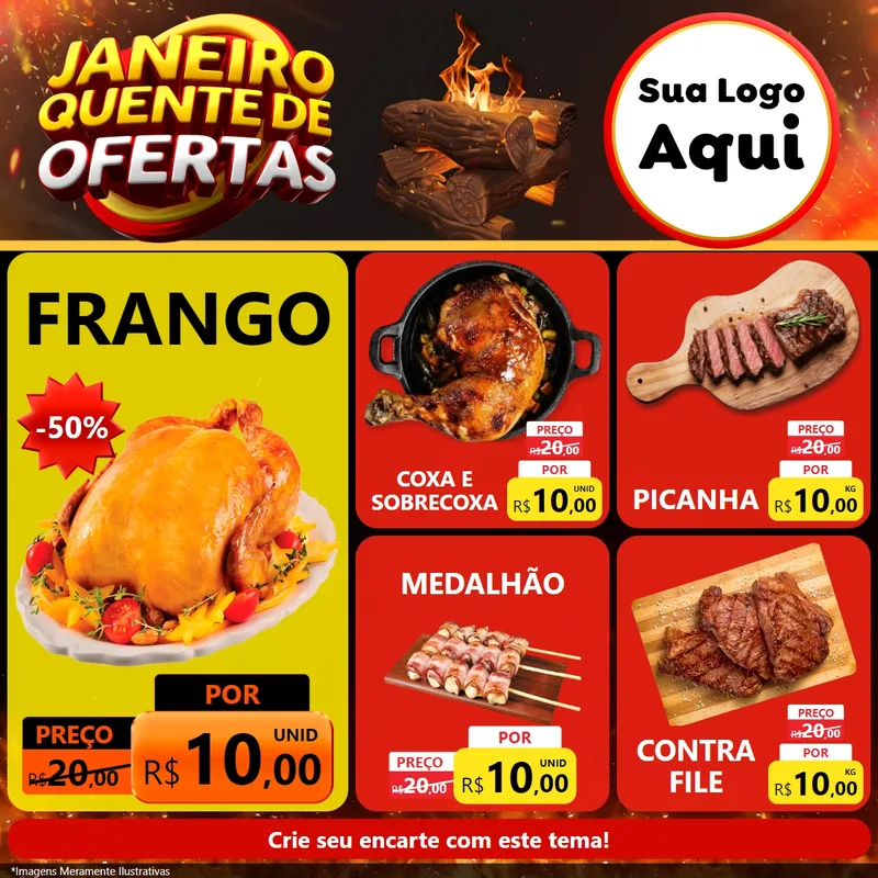Modelo de Rede Social para Feed Facebook com o tema Janeiro Quente de Ofertas para Assados