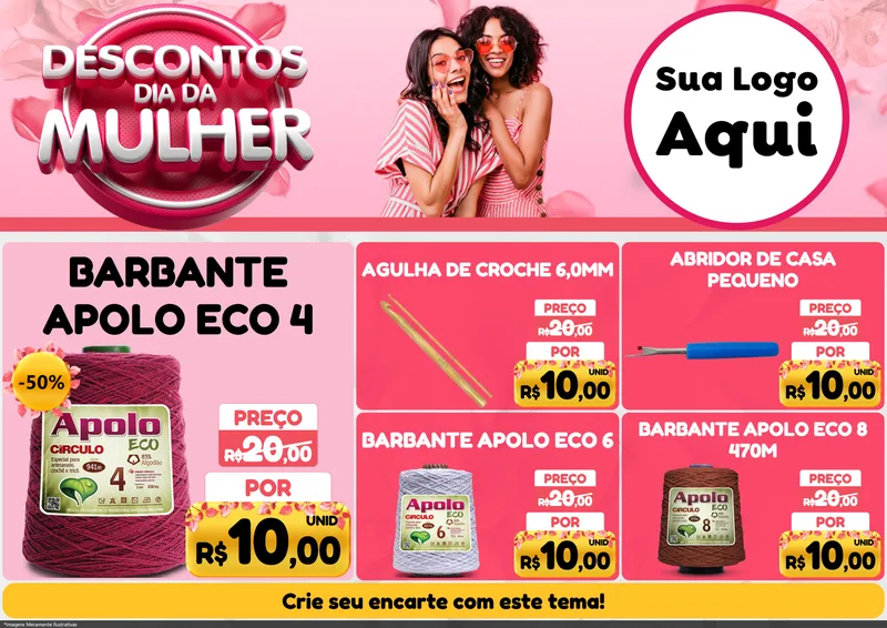 Modelo de Encarte para Encarte A4 Horizontal com o tema Descontos Dia da Mulher para Armarinho e Aviamentos