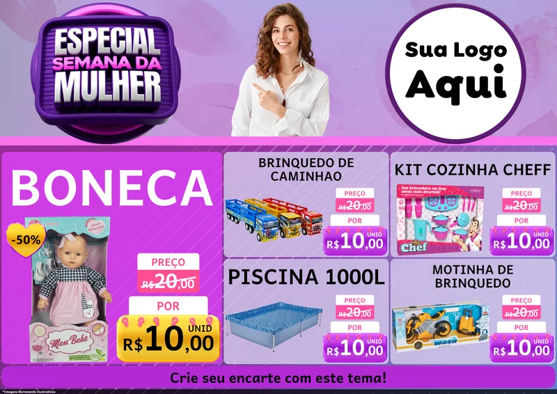 Modelo de Encarte para Encarte A4 Horizontal com o tema Especial Semana da Mulher para Brinquedos