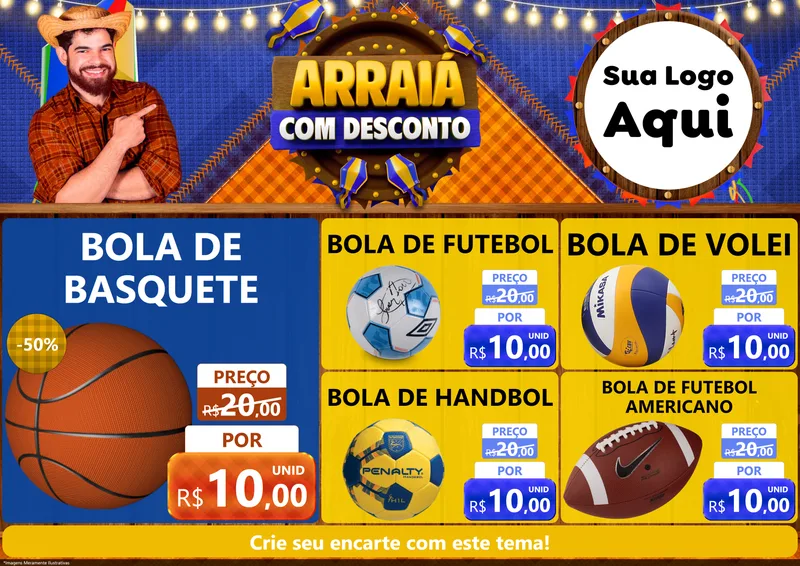 Modelo de Encarte para Encarte A4 Horizontal com o tema Arraiá Com Desconto para Artigos Esportivos