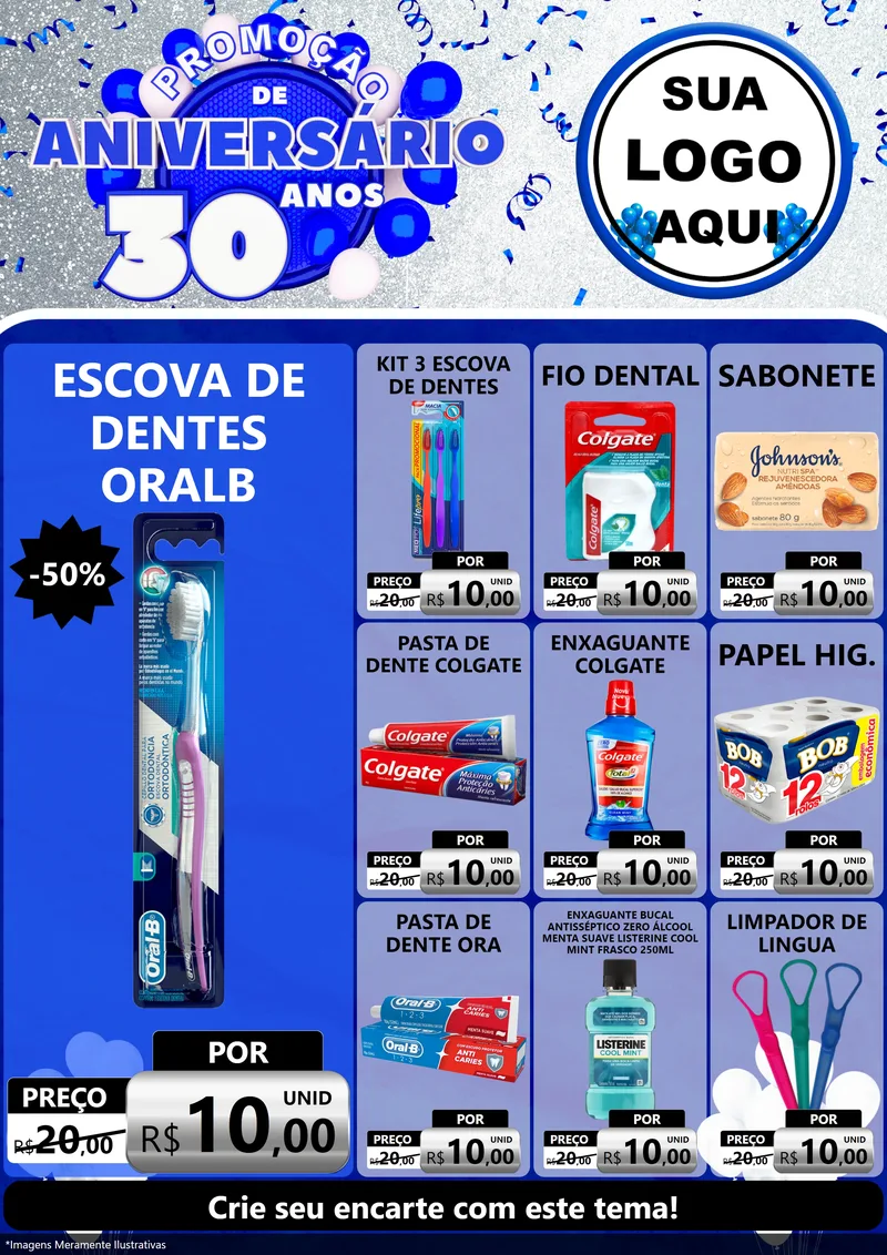 Modelo de Encarte para Encarte A4 Vertical com o tema Promoção de Aniversário - 30 Anos para Higiene Pessoal
